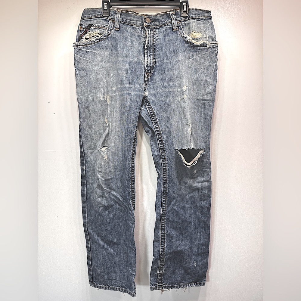 Ariat Work FR M4 Low Rise Boot Cut Jeans Distressed Ripped Torn Thrashed 36/32